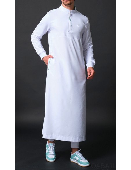 Qamis Subtil Blanc Avec Broderie Vert - Qaba'il