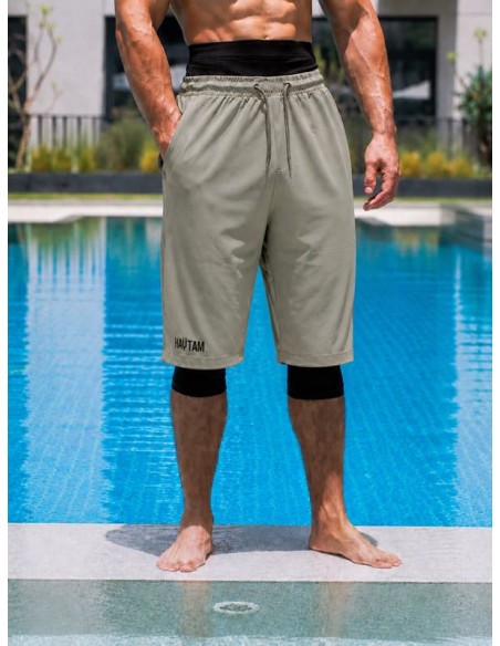 Sarouel de bain kaki homme Haytam avec legging intégré noir, coupe mastour confortable pour la plage et la piscine.